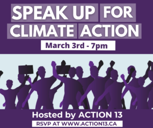 Event poster in purple tones, showing silouettes of a group rallying for climate action.