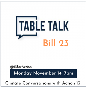 Speech bubble on white background with colour blocked date across the bottom, promoting Table Talk event to discuss Ontario's Bill 23
